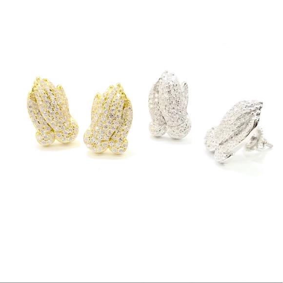 STERLING SILVER Iced Out PRAYING HAND STUD EARRING - Picture 4 of 8